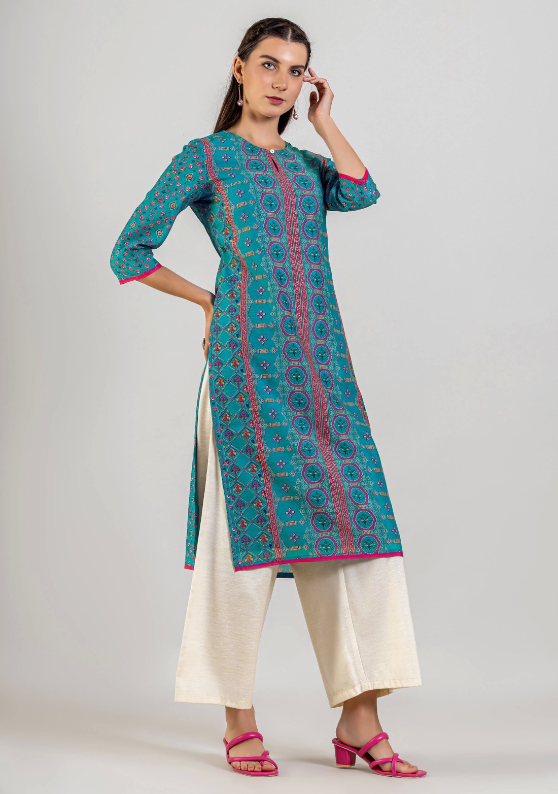 Blue Ethnic Print Cotton Straight Kurta