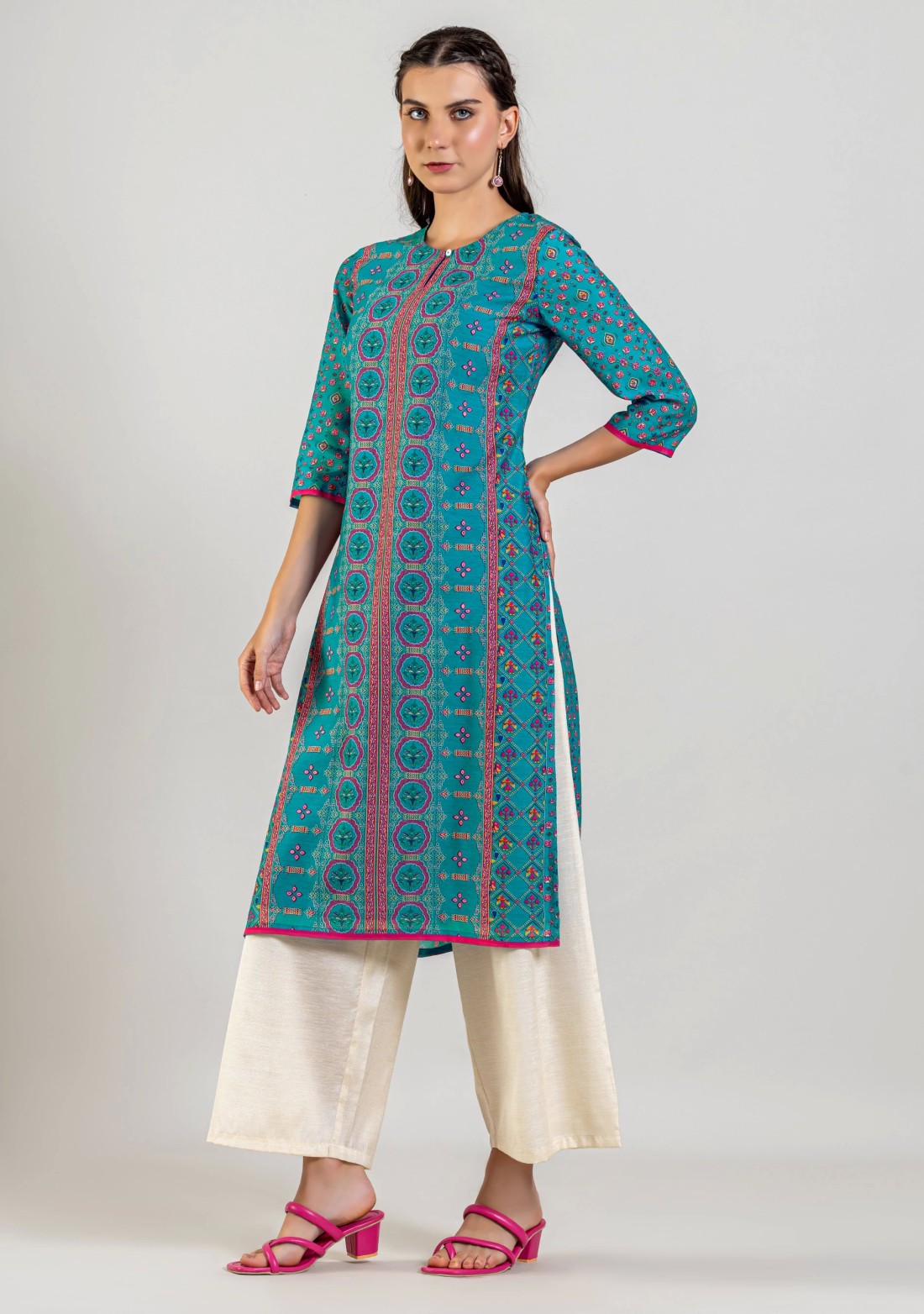 Blue Ethnic Print Cotton Straight Kurta