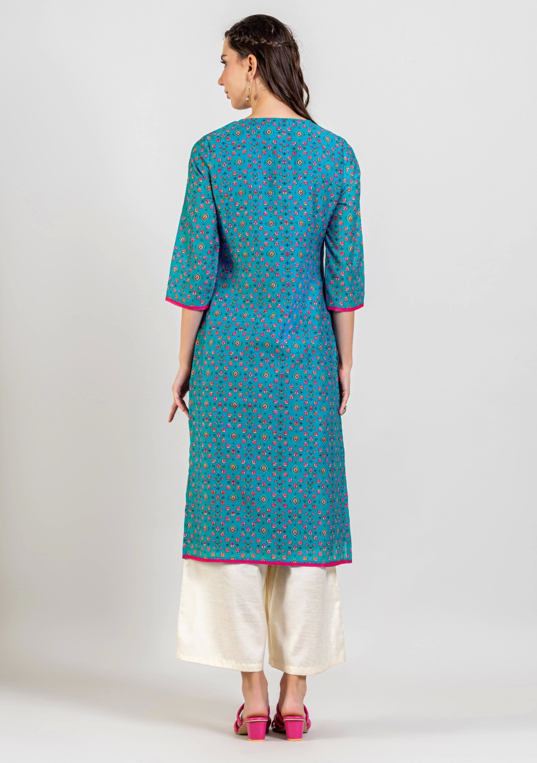 Blue Ethnic Print Cotton Straight Kurta