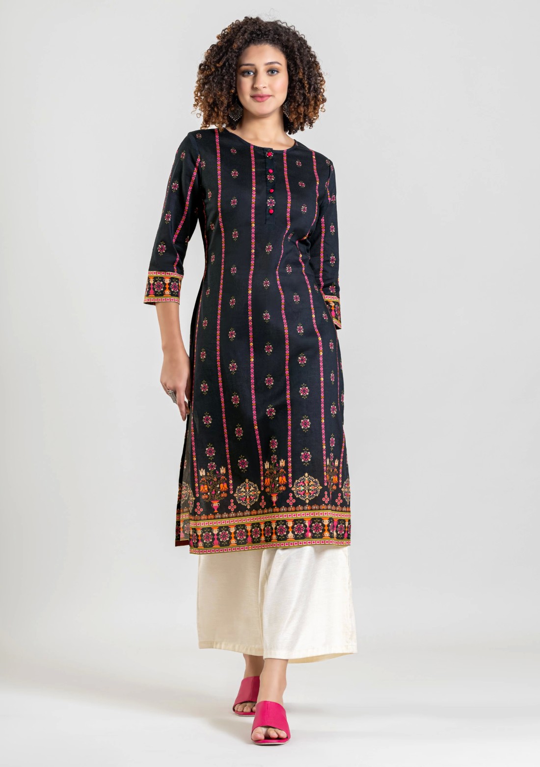 Black Ethnic Print Cotton Straight Kurta