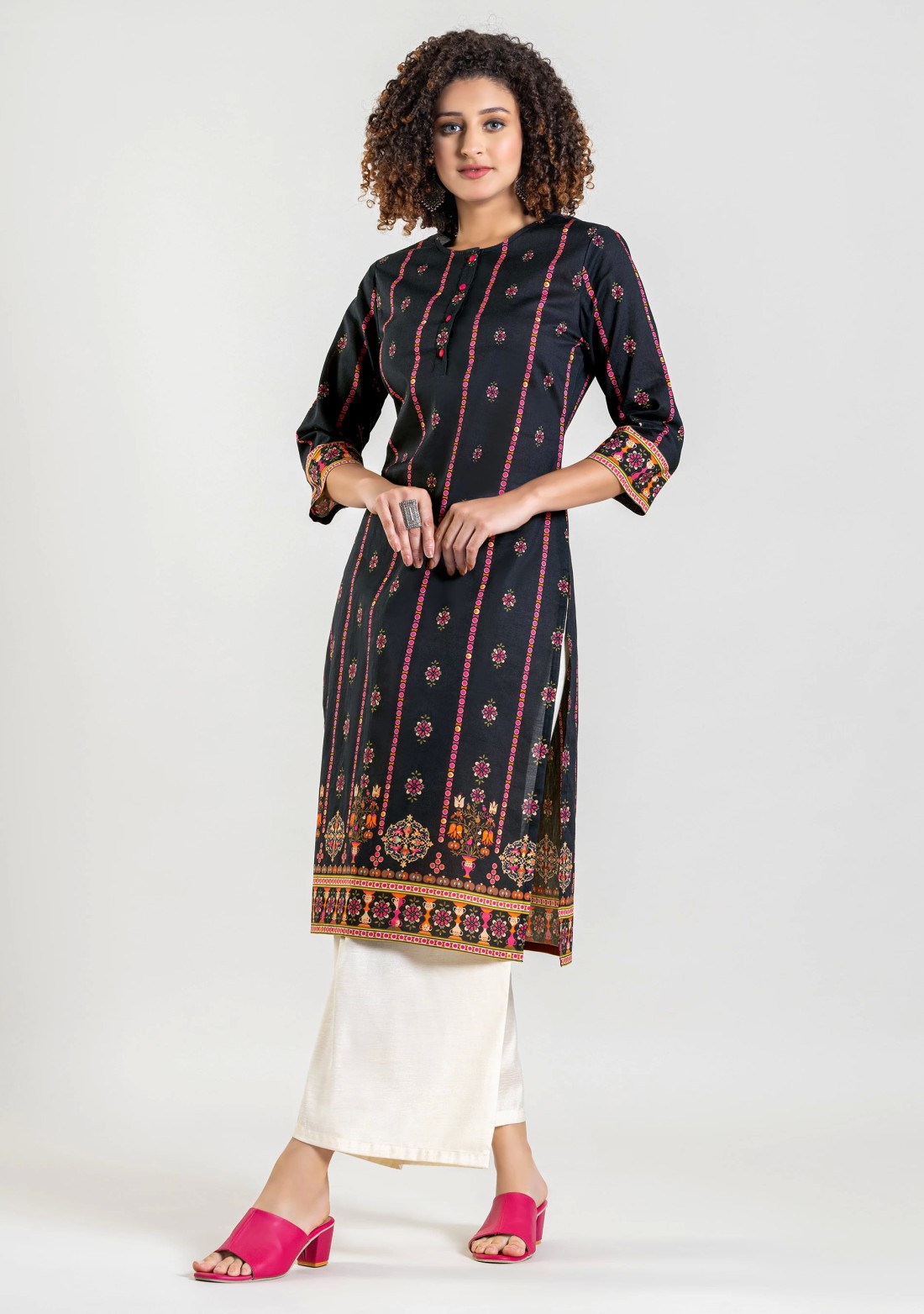 Black Ethnic Print Cotton Straight Kurta