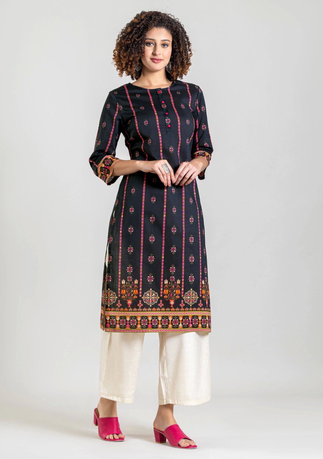 Black Ethnic Print Cotton Straight Kurta