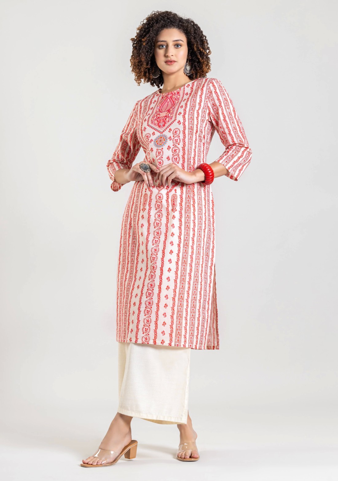 Off White Ethnic Print Cotton Straight Kurta