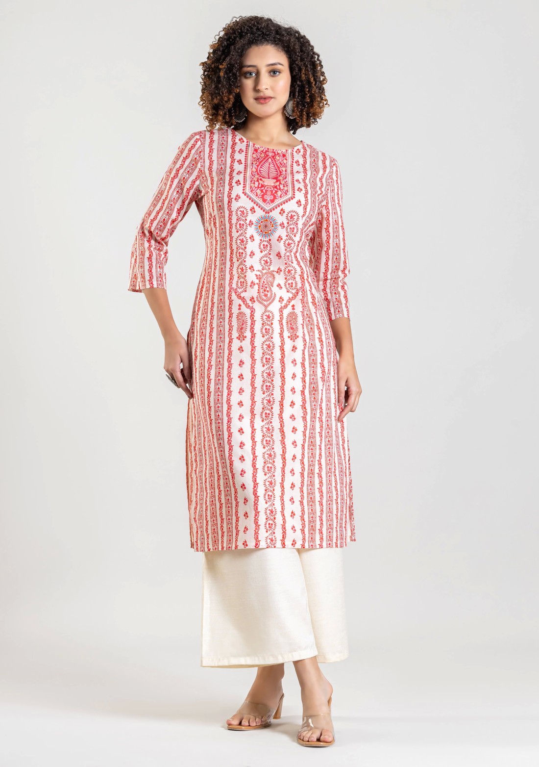 Off White Ethnic Print Cotton Straight Kurta