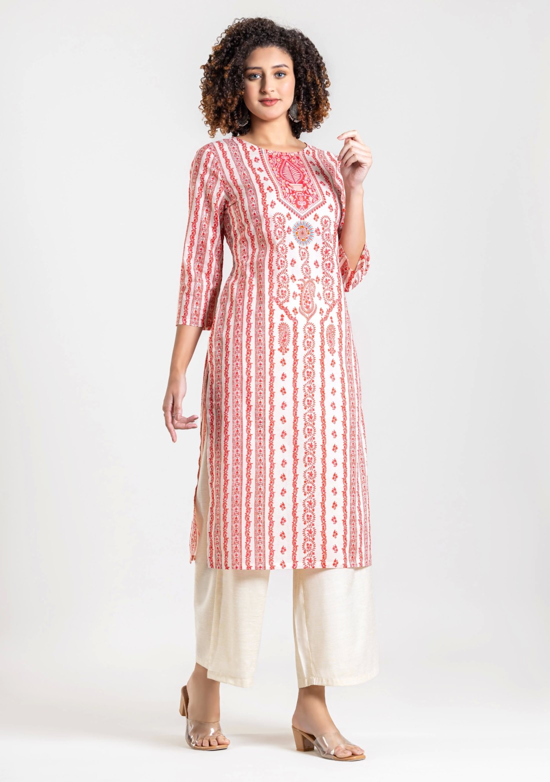 Off White Ethnic Print Cotton Straight Kurta