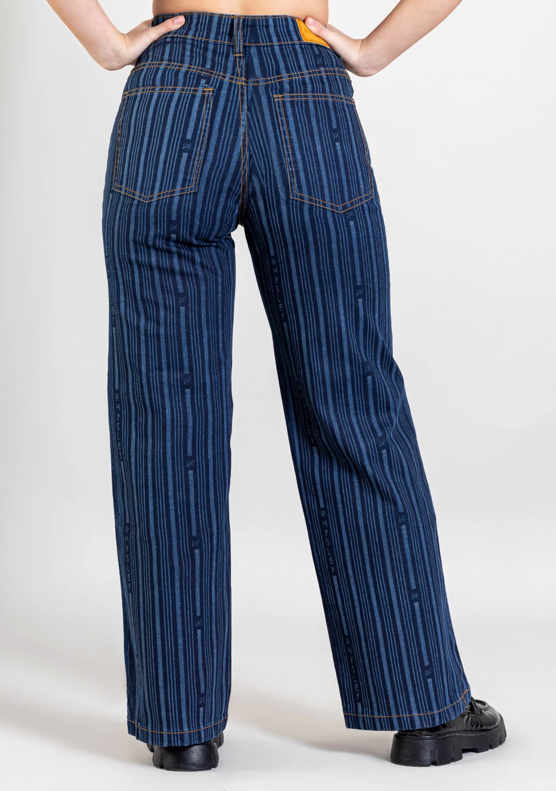 Blue Wide Leg Women's Laser Stripe Print Jeans