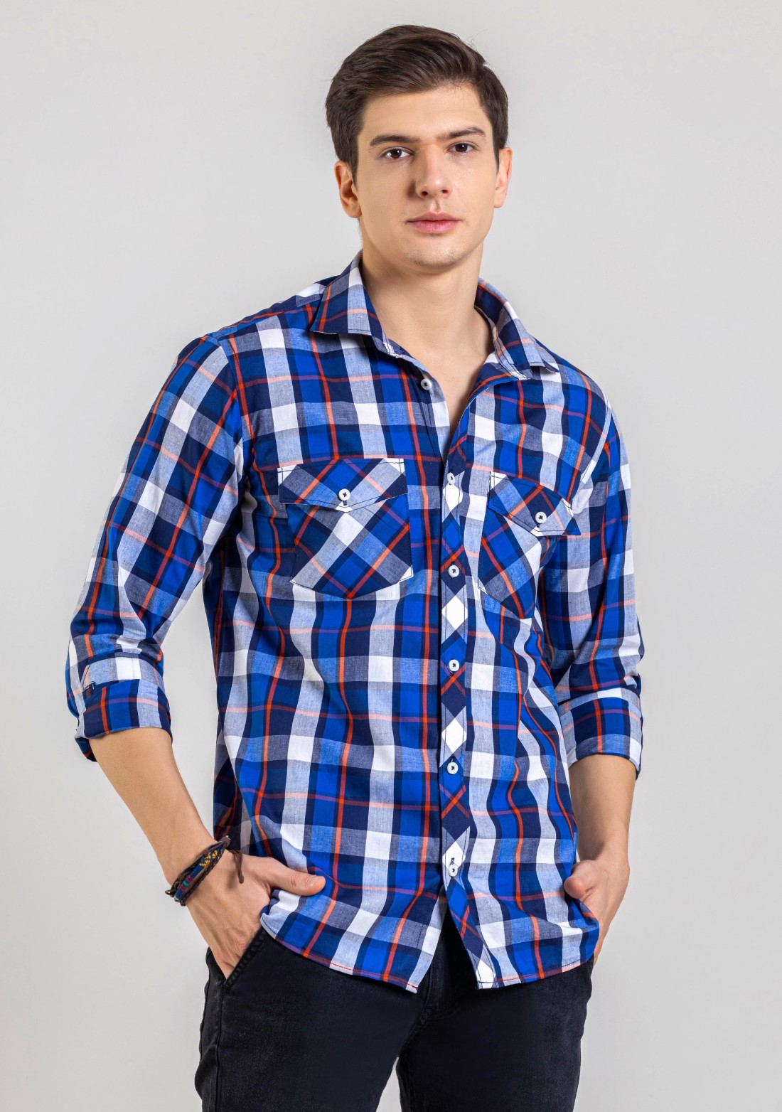 Blue Regular Fit Men's Cotton Check Shirt