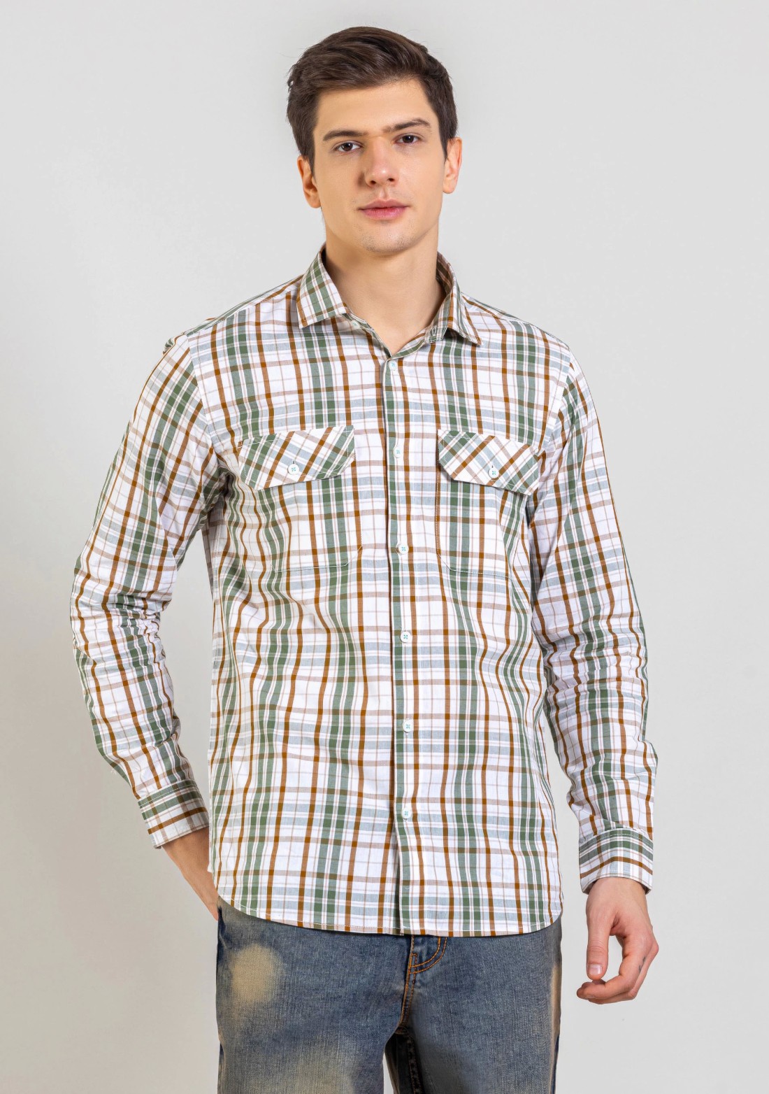 Green Regular Fit Men's Cotton Check Shirt