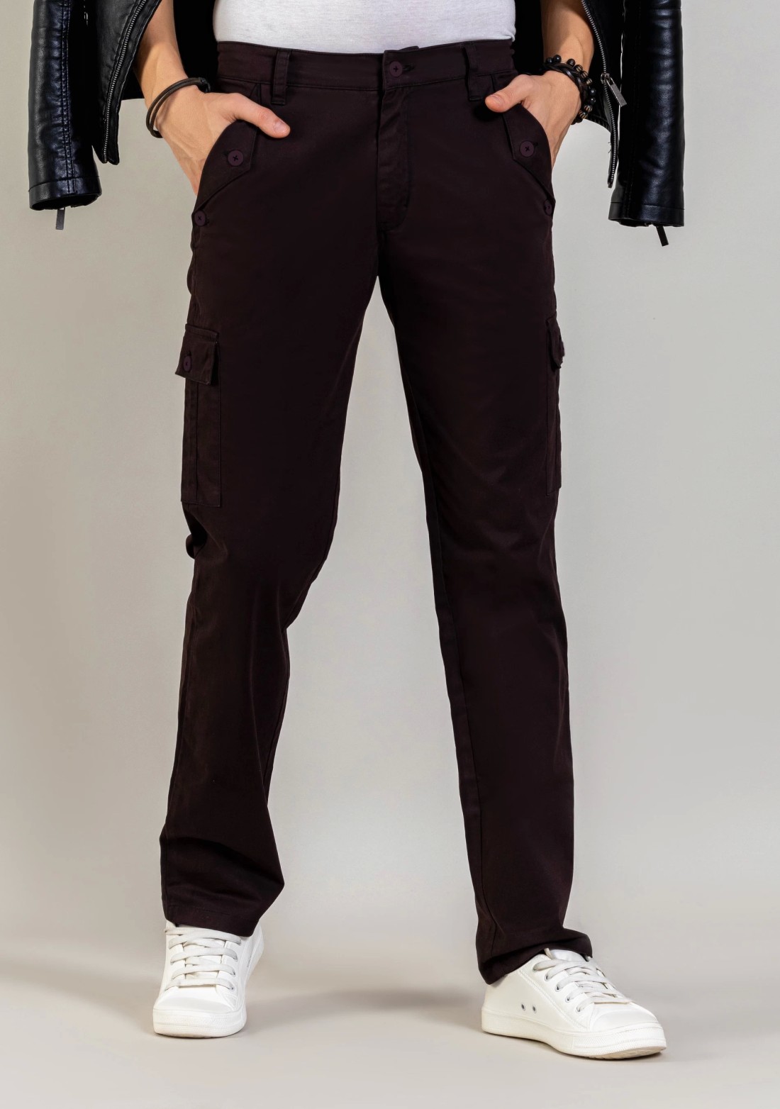 Chocolate Brown Regular Fit Cargo Style Men's Cotton Trousers