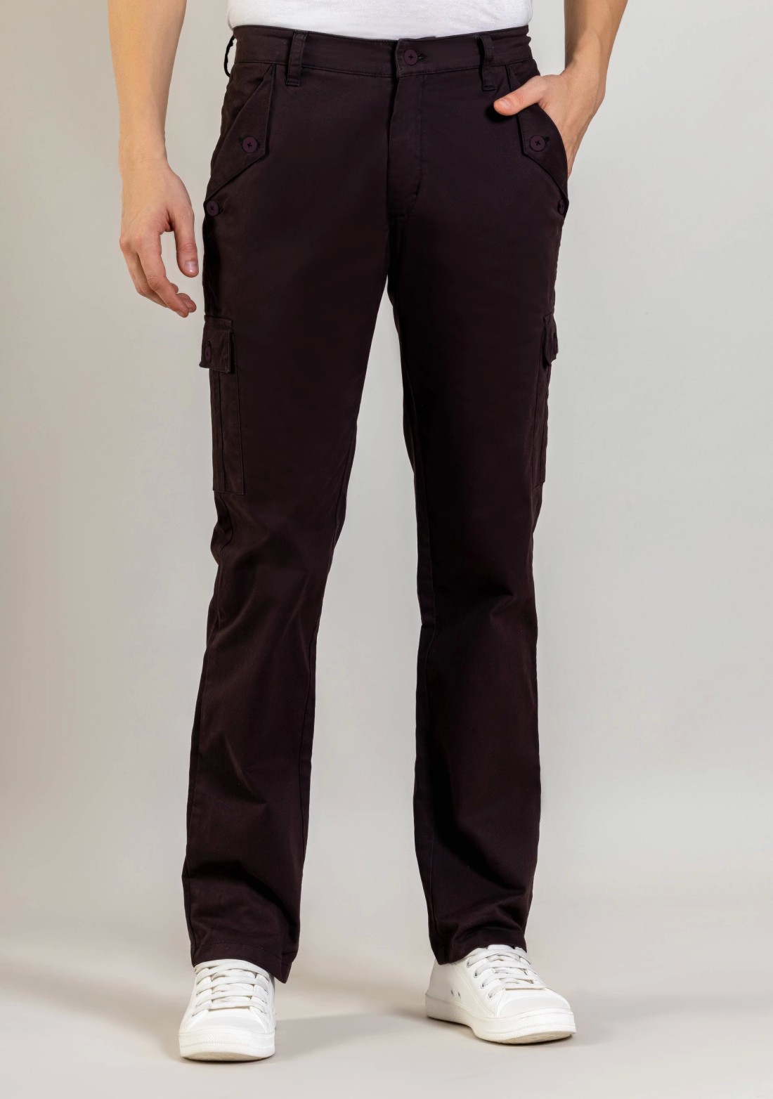 Chocolate Brown Regular Fit Cargo Style Men's Cotton Trousers