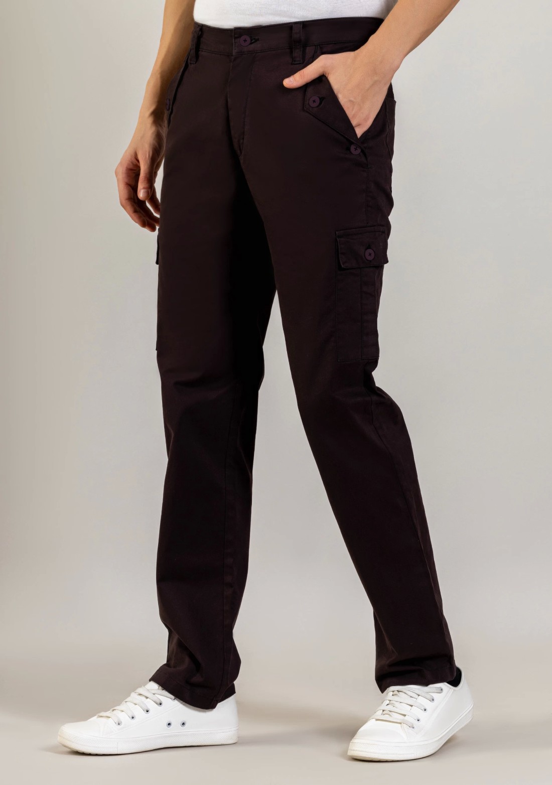 Chocolate Brown Regular Fit Cargo Style Men's Cotton Trousers