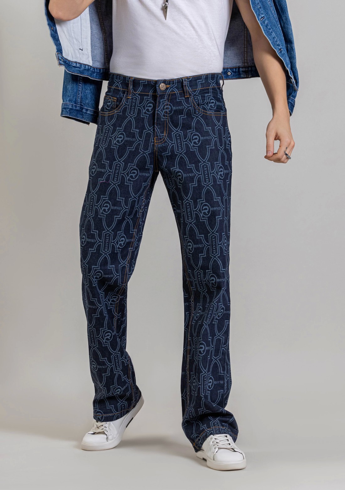 Blue Wide Leg Men's Laser Printed Jeans