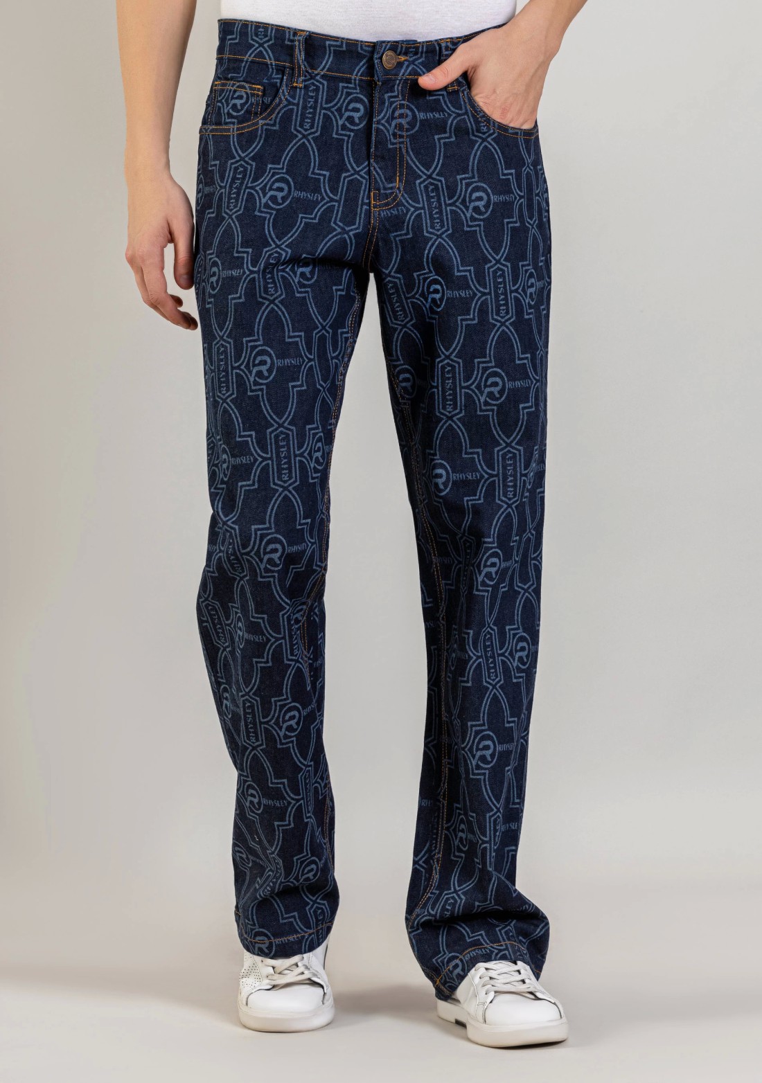 Blue Wide Leg Men's Laser Printed Jeans