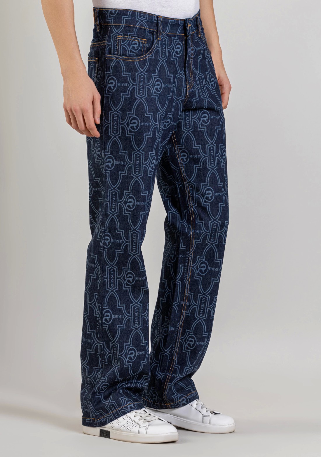 Blue Wide Leg Men's Laser Printed Jeans