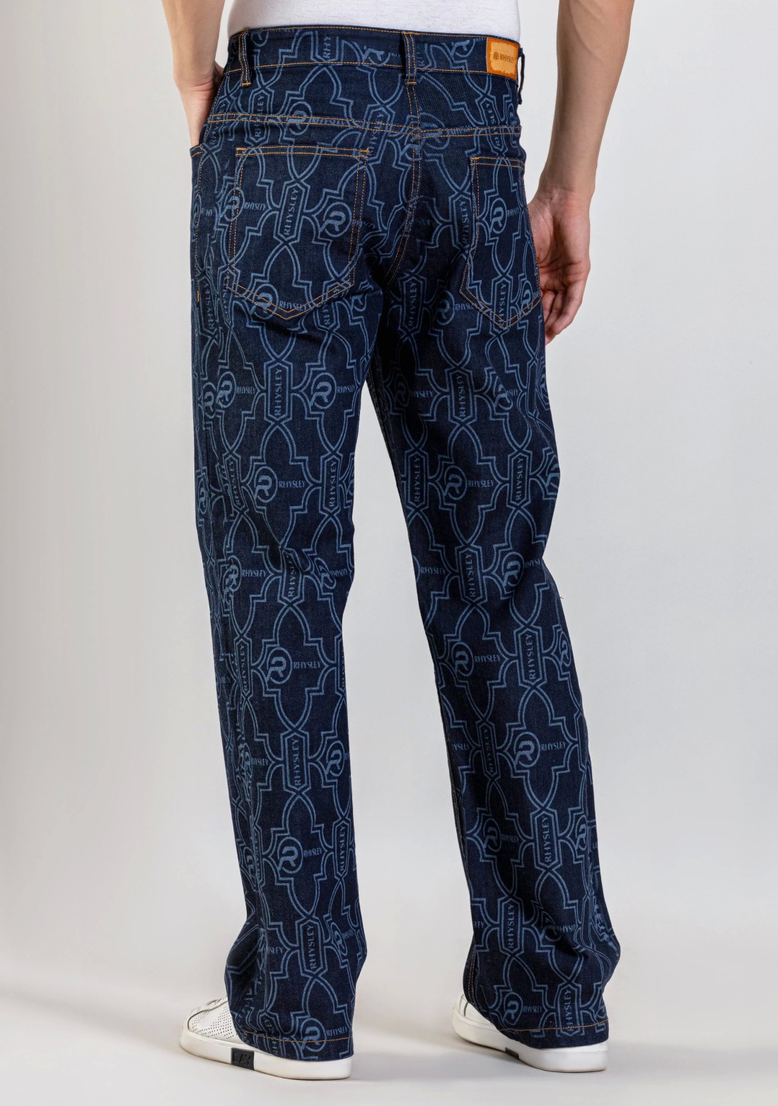 Blue Wide Leg Men's Laser Printed Jeans