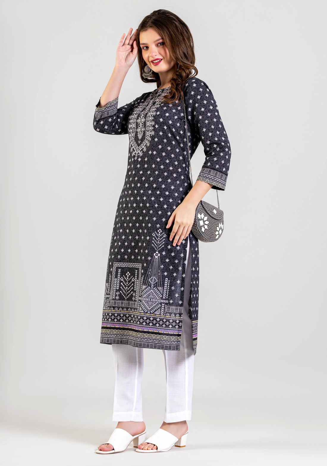 Black Ethnic Print Cotton Straight Kurta