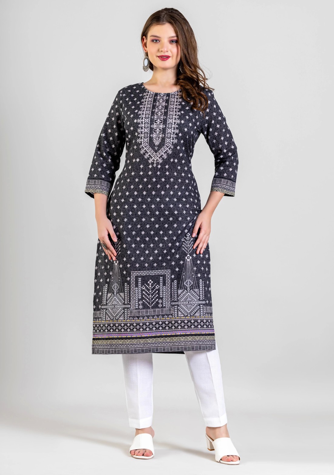 Black Ethnic Print Cotton Straight Kurta