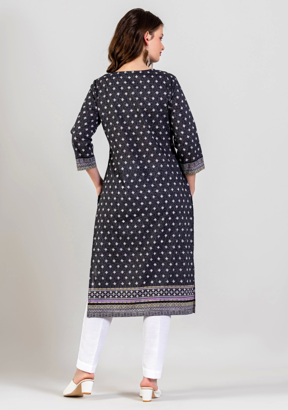 Black Ethnic Print Cotton Straight Kurta