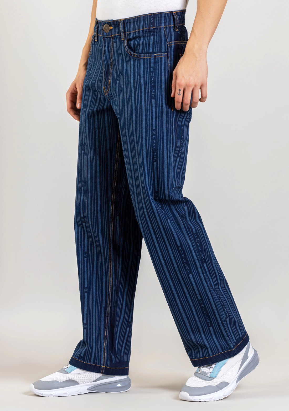 Blue Wide Leg Men's Laser Stripe Print Jeans