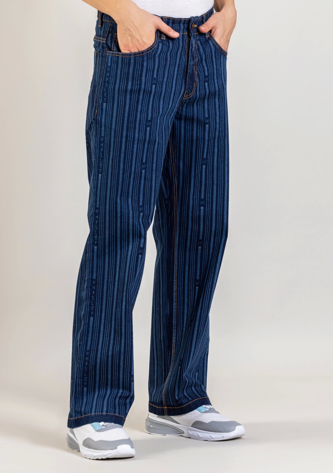 Blue Wide Leg Men's Laser Stripe Print Jeans