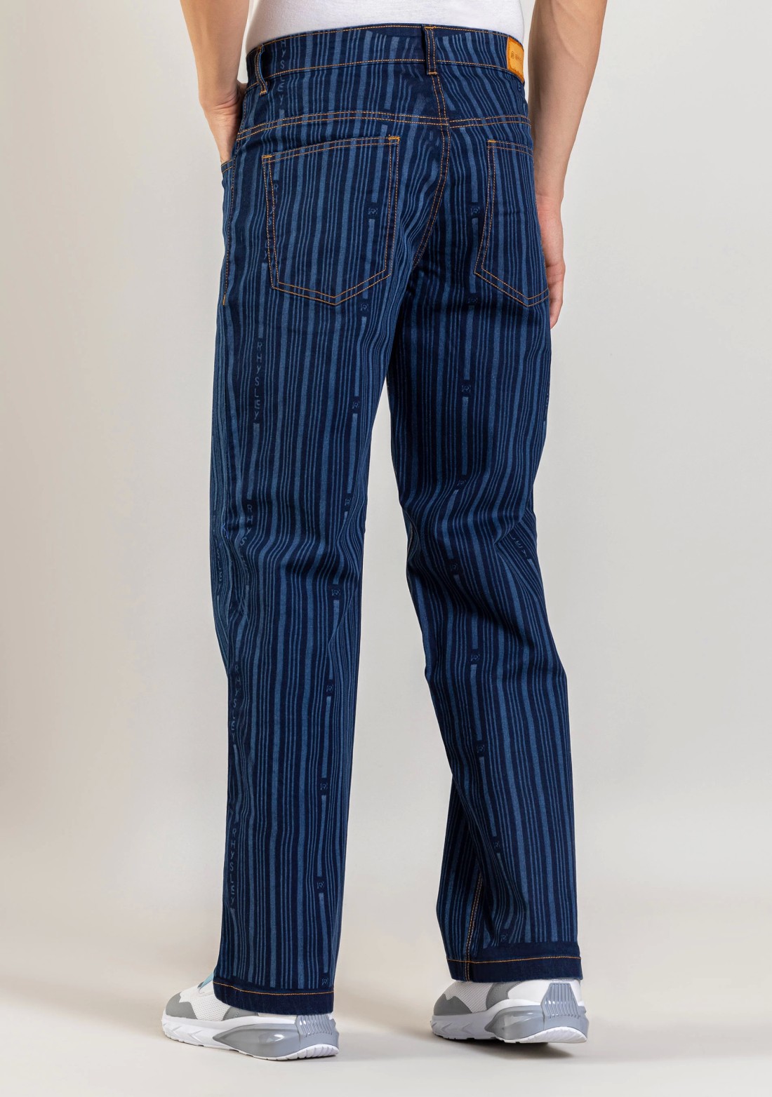 Blue Wide Leg Men's Laser Stripe Print Jeans