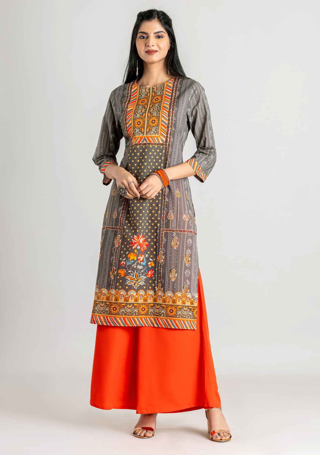 Grey Ethnic Print Cotton Straight Kurta