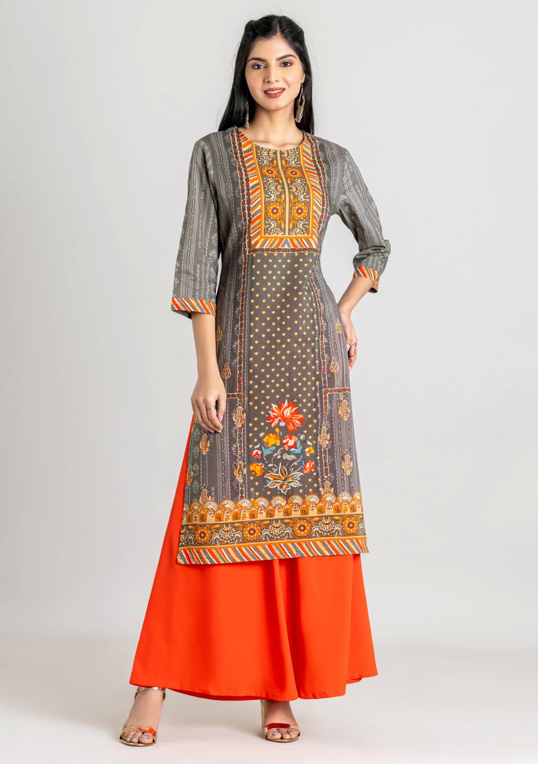 Grey Ethnic Print Cotton Straight Kurta