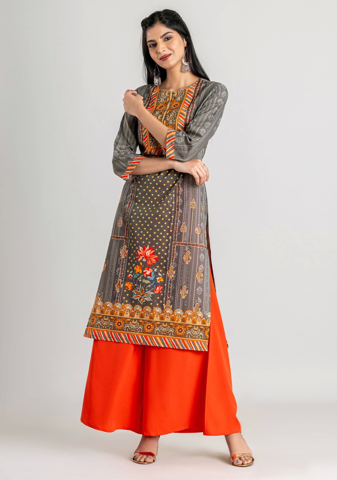 Grey Ethnic Print Cotton Straight Kurta