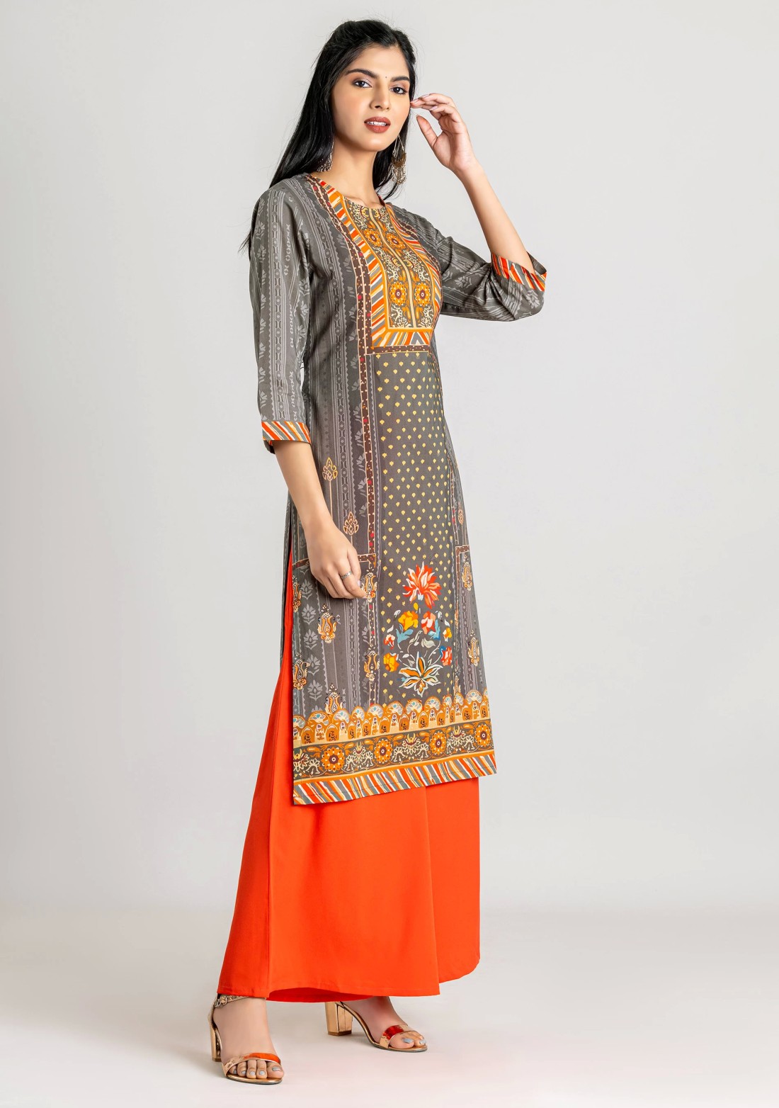 Grey Ethnic Print Cotton Straight Kurta