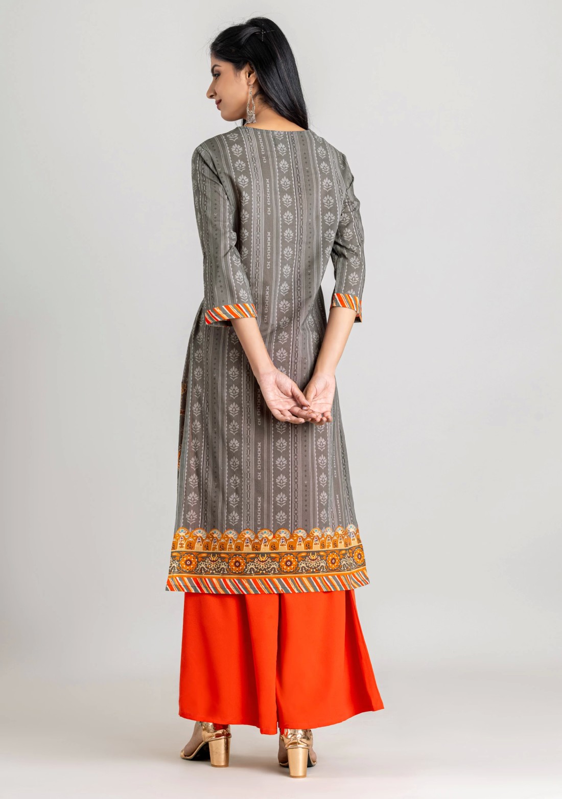 Grey Ethnic Print Cotton Straight Kurta