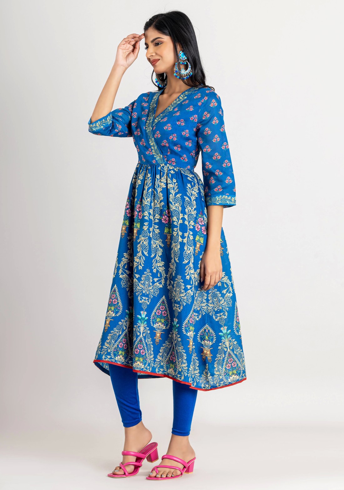 Blue Ethnic Print Chanderi Flared Kurta