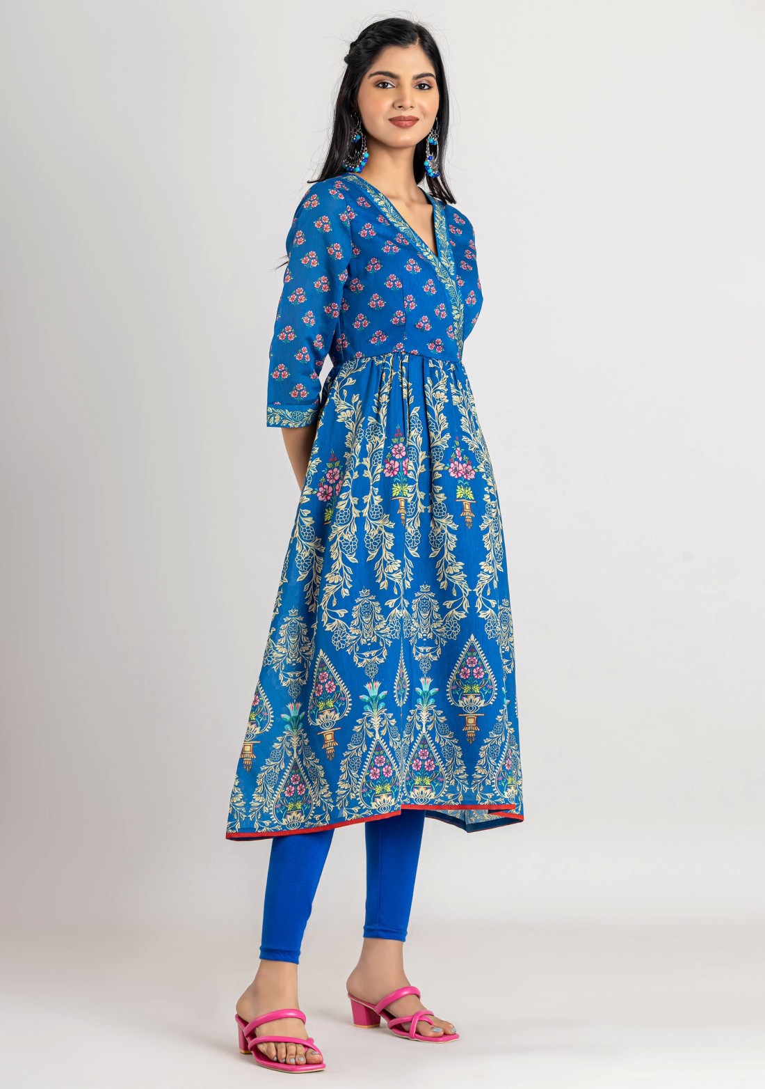 Blue Ethnic Print Chanderi Flared Kurta