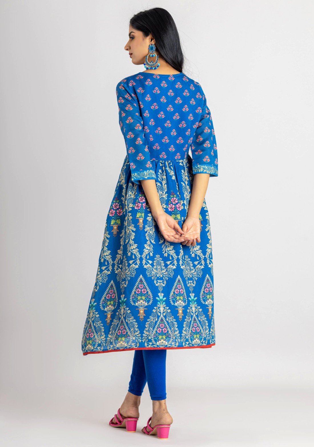 Blue Ethnic Print Chanderi Flared Kurta