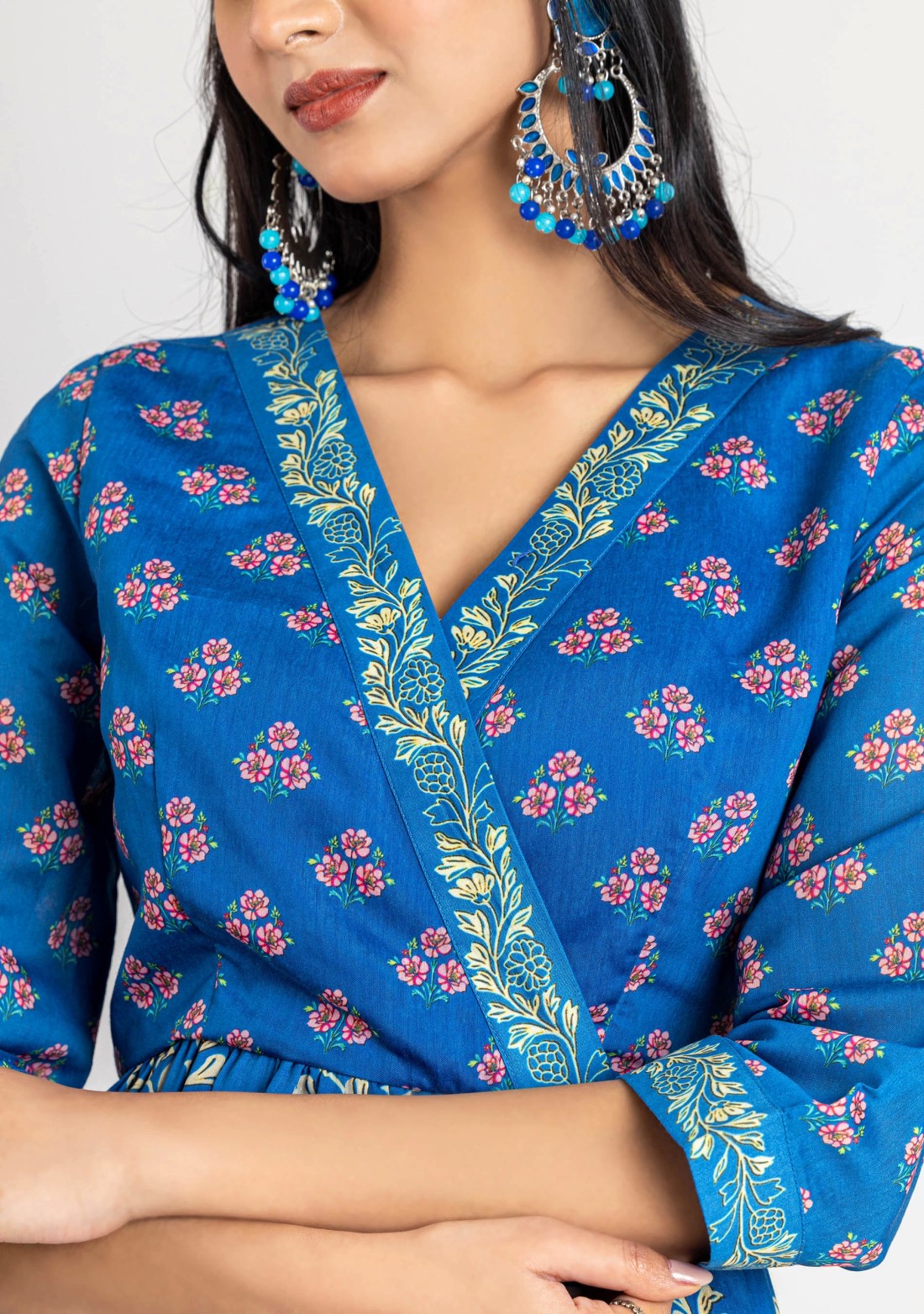 Blue Ethnic Print Chanderi Flared Kurta