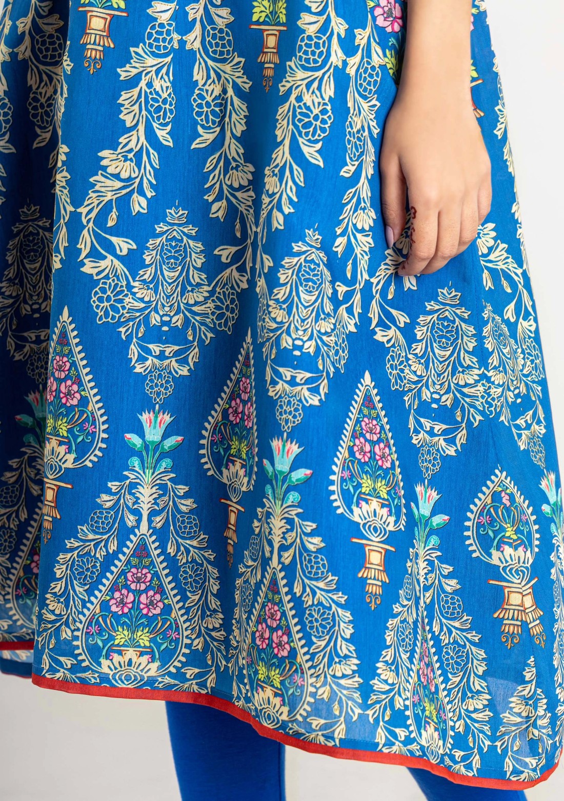 Blue Ethnic Print Chanderi Flared Kurta