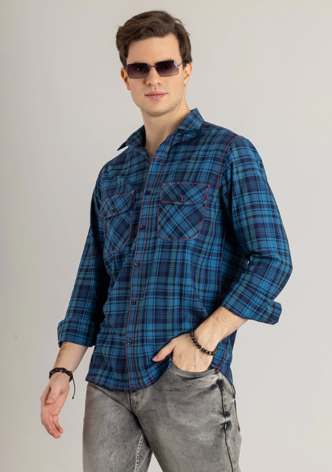 Blue Regular Fit Men's Cotton Check Shirt