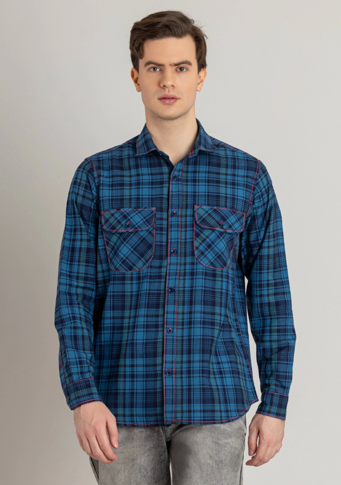 Blue Regular Fit Men's Cotton Check Shirt