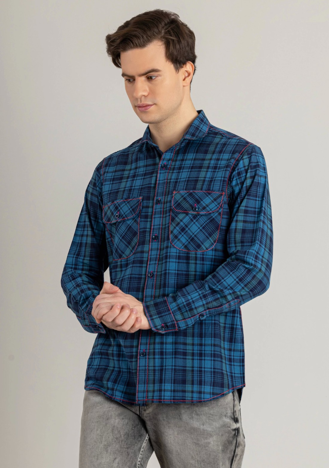 Blue Regular Fit Men's Cotton Check Shirt