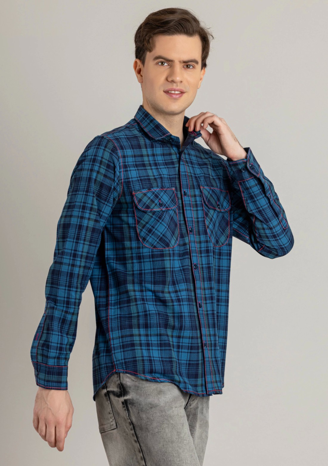 Blue Regular Fit Men's Cotton Check Shirt