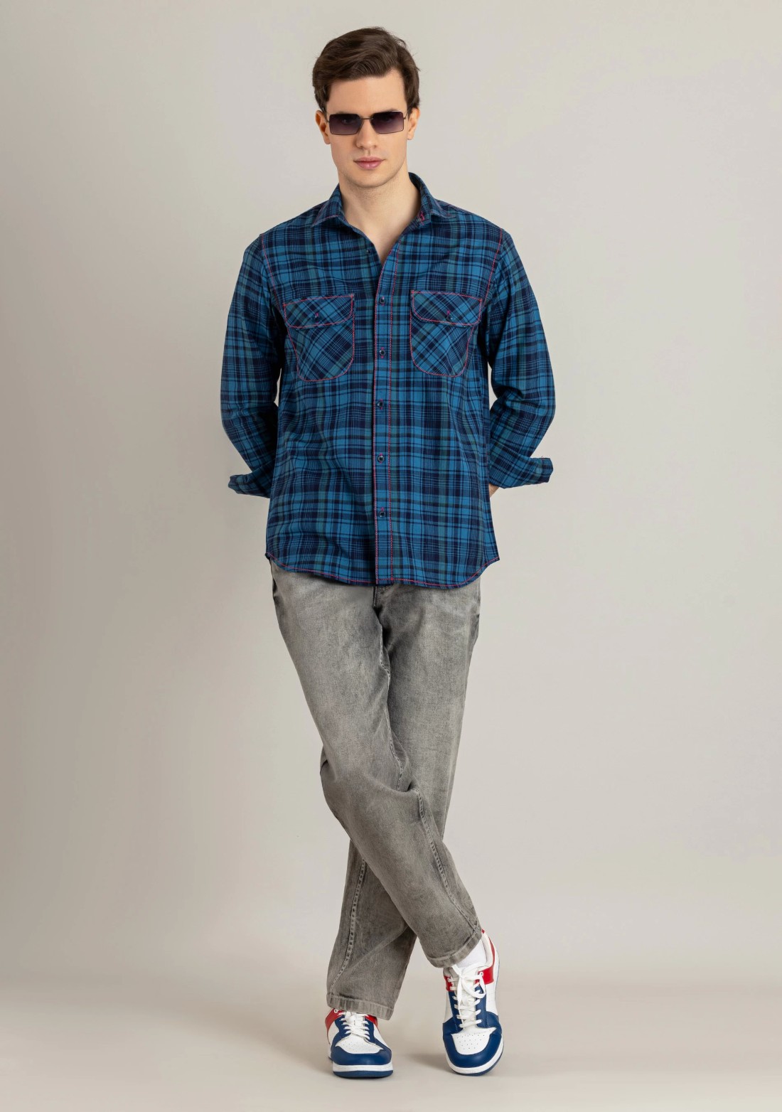 Blue Regular Fit Men's Cotton Check Shirt