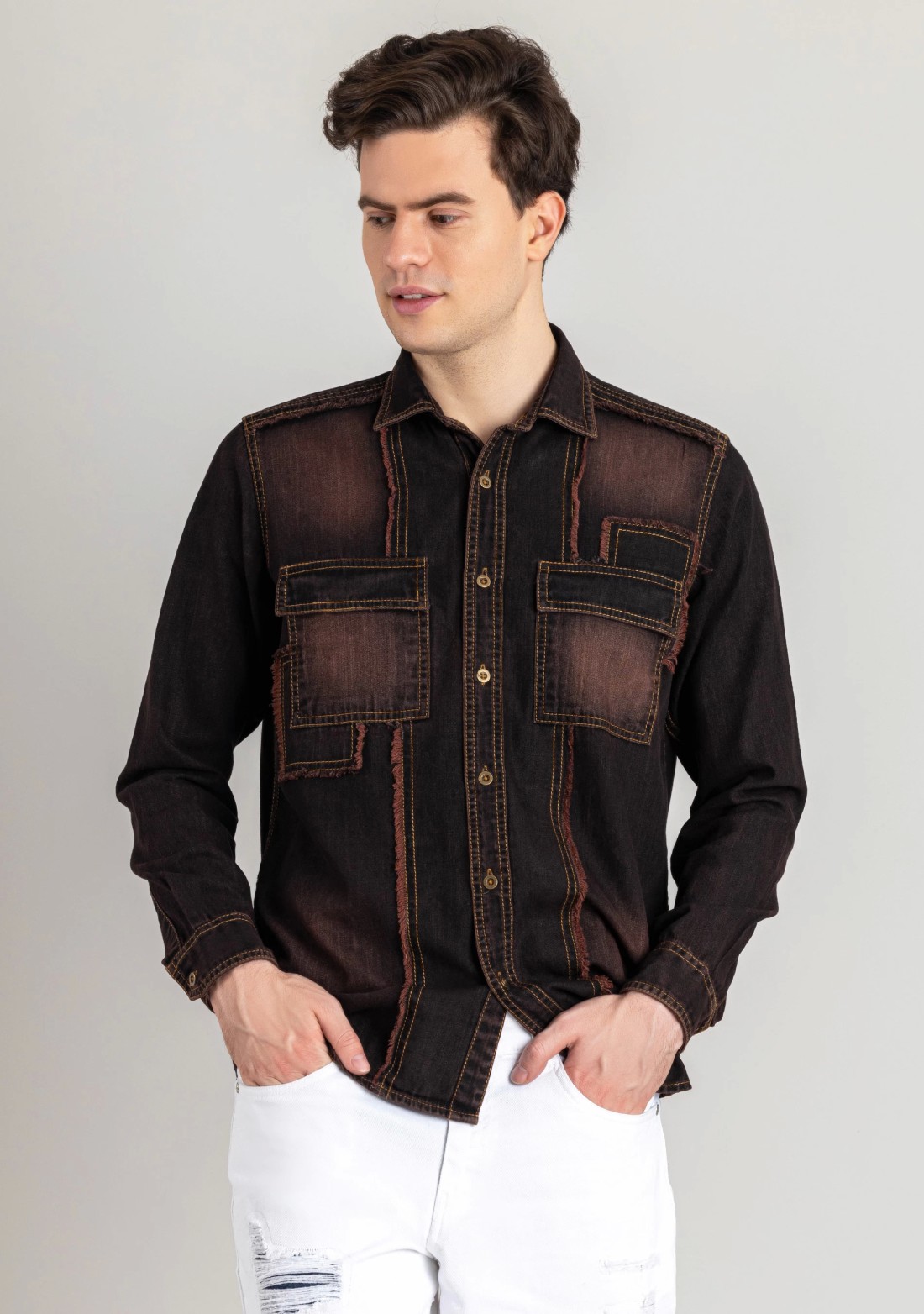 Blackish Brown Regular Fit Men's Denim Casual Shirt