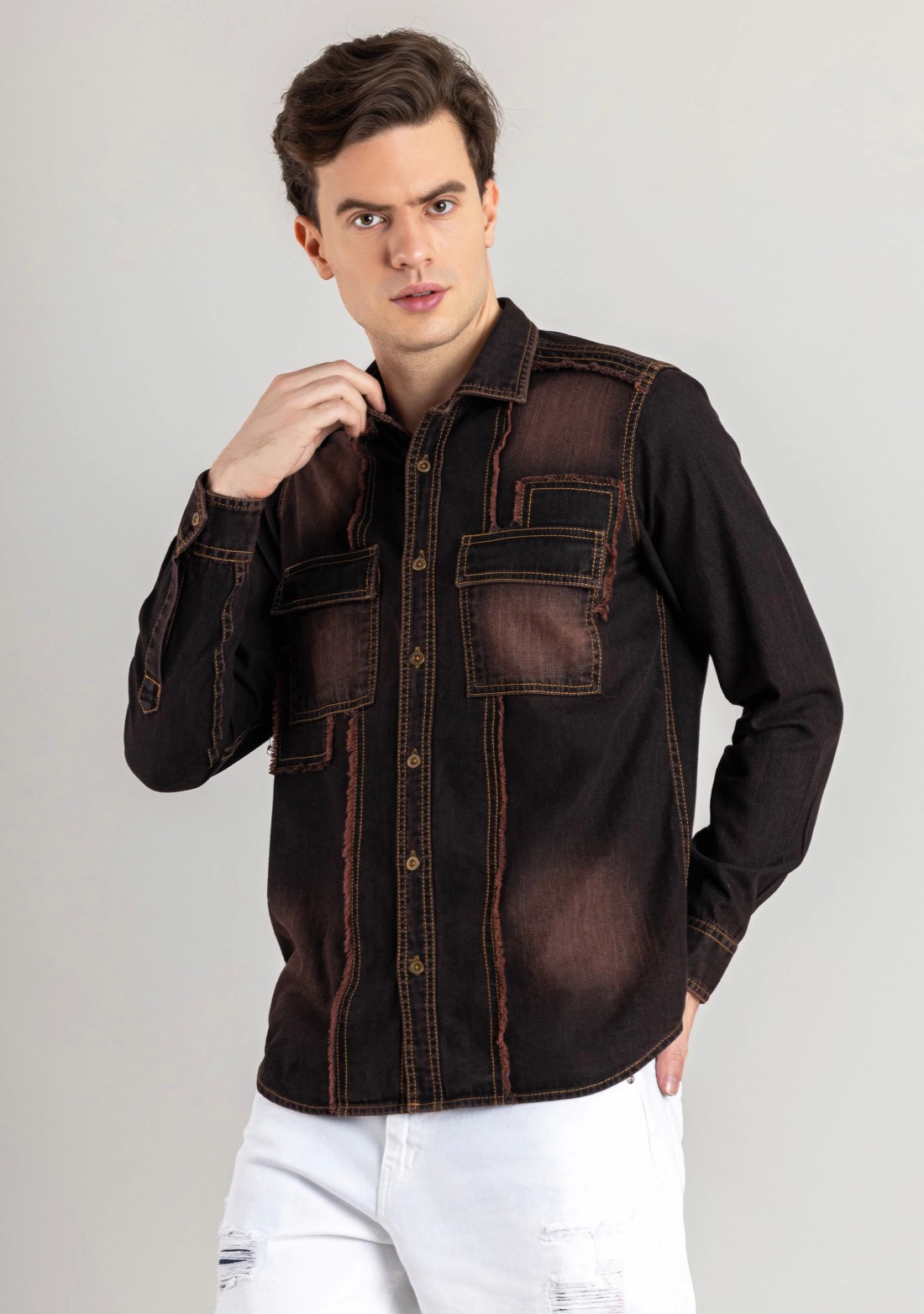 Blackish Brown Regular Fit Men's Denim Casual Shirt