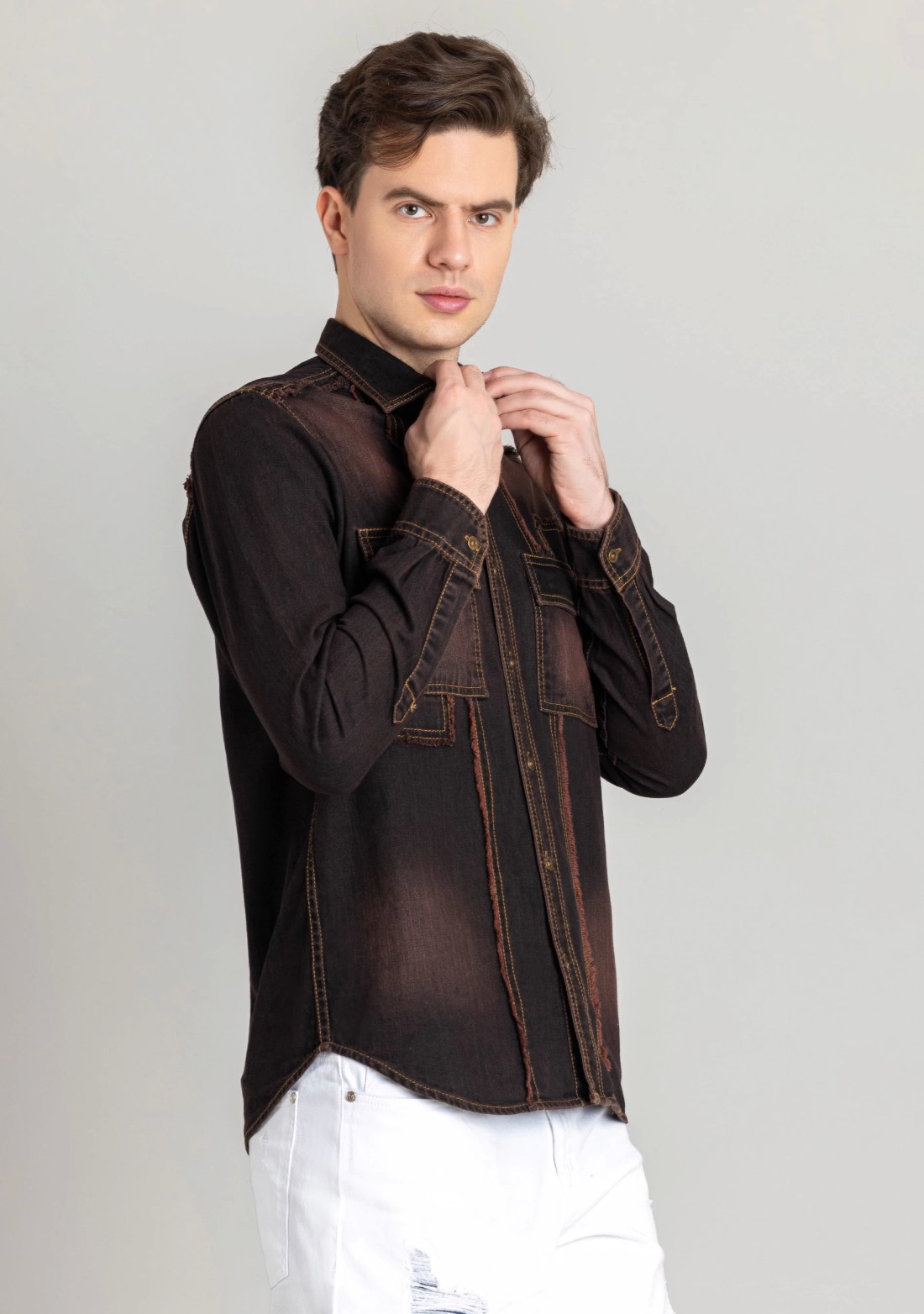 Blackish Brown Regular Fit Men's Denim Casual Shirt