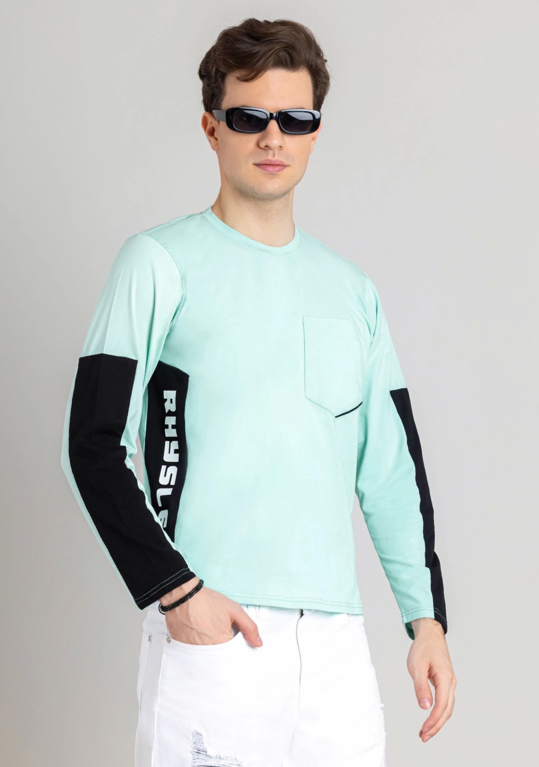 Pale Turquoise Regular Fit Men's Full Sleeves T-Shirt