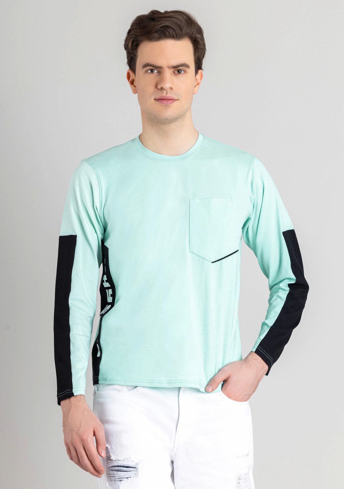 Pale Turquoise Regular Fit Men's Full Sleeves T-Shirt