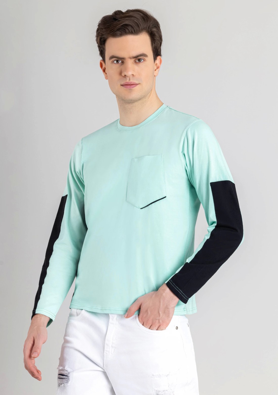 Pale Turquoise Regular Fit Men's Full Sleeves T-Shirt