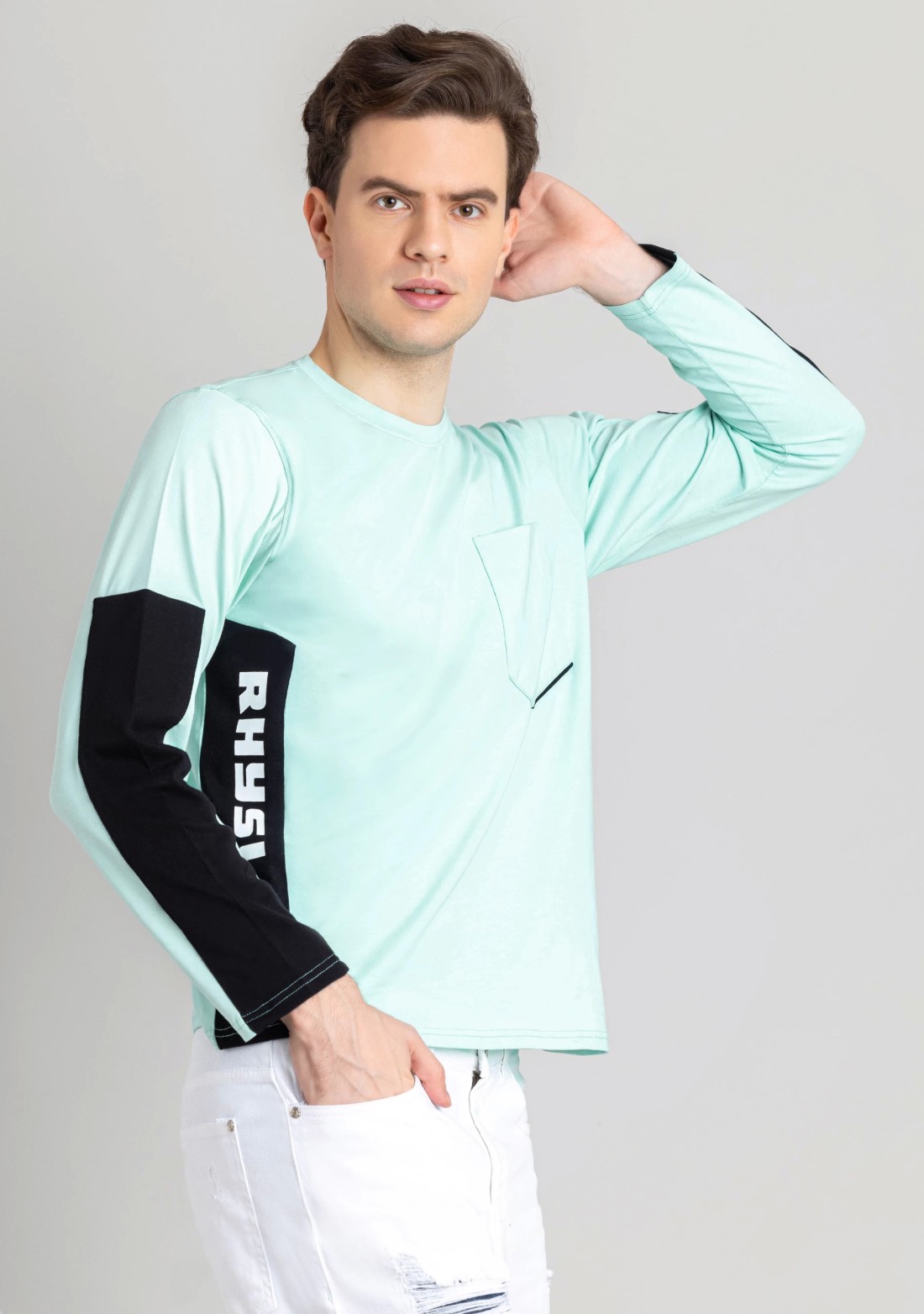 Pale Turquoise Regular Fit Men's Full Sleeves T-Shirt