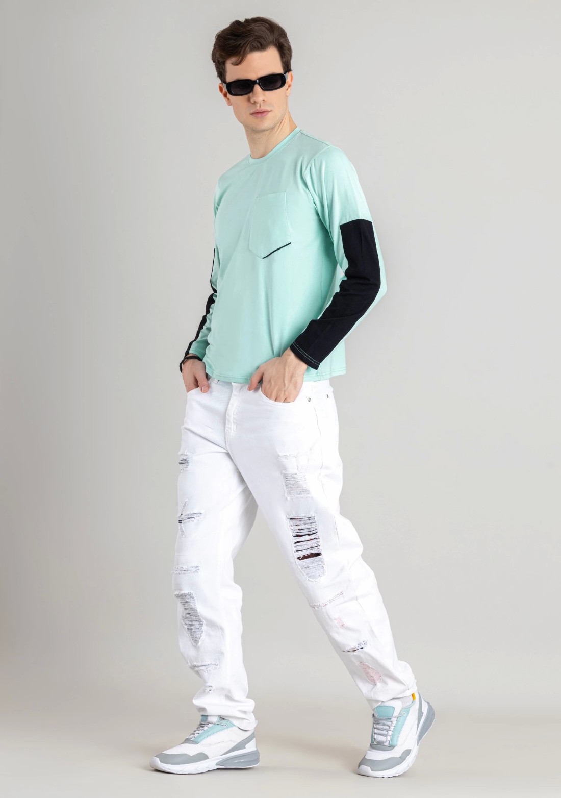 Pale Turquoise Regular Fit Men's Full Sleeves T-Shirt