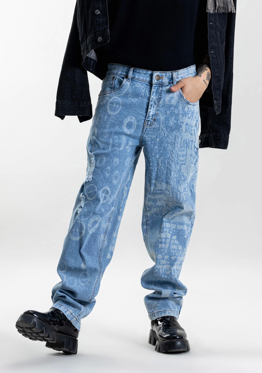 Blue Relaxed Straight Fit Men’s Distressed Jeans