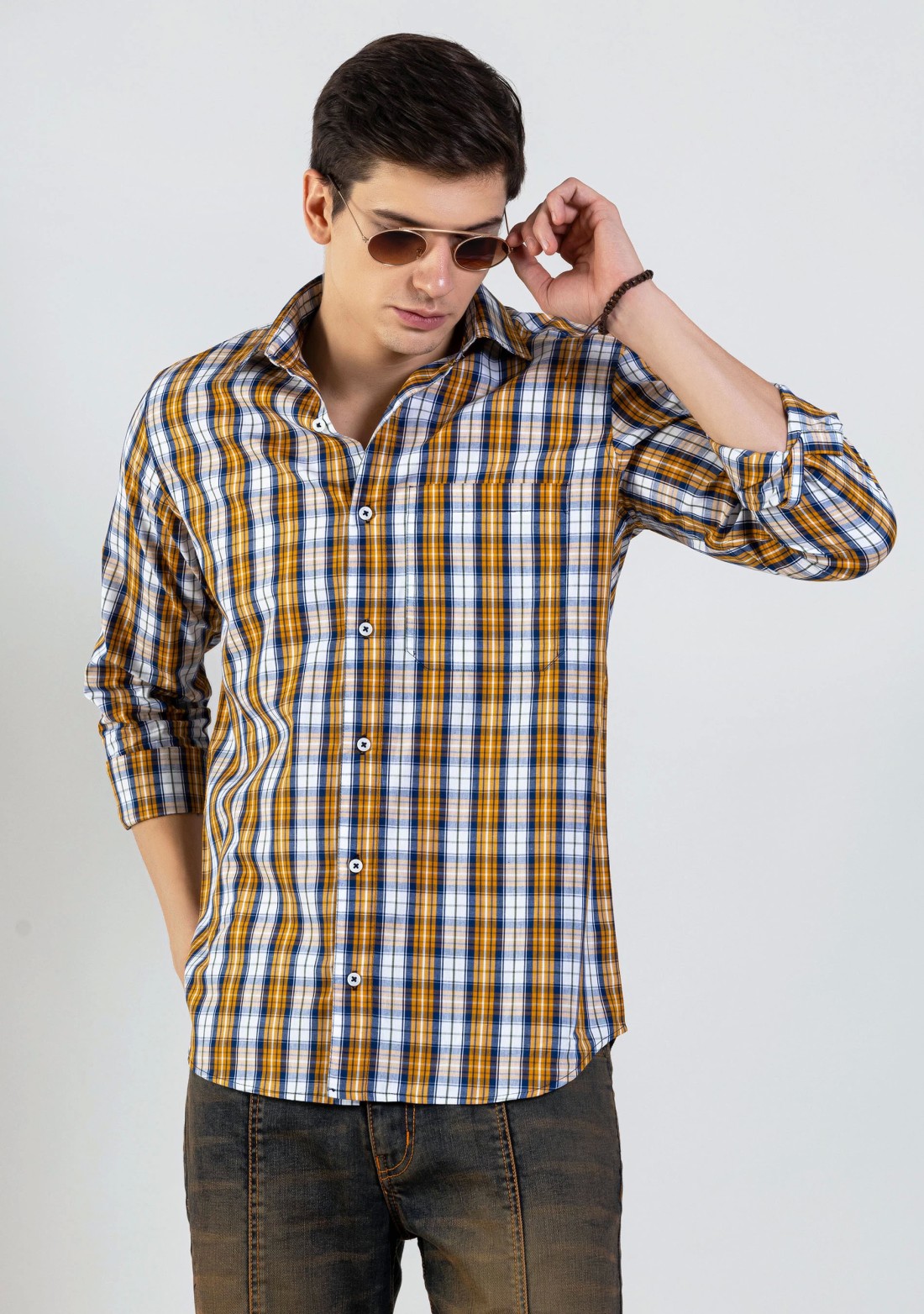 Mustard Yellow Regular Fit Men's Cotton Check Shirt